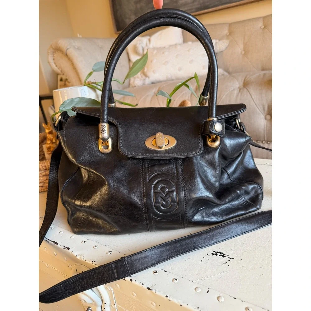 MARINO ORLANDI Satchel Black Leather Embossed Logo Gold Hardware Purse Bag Large
